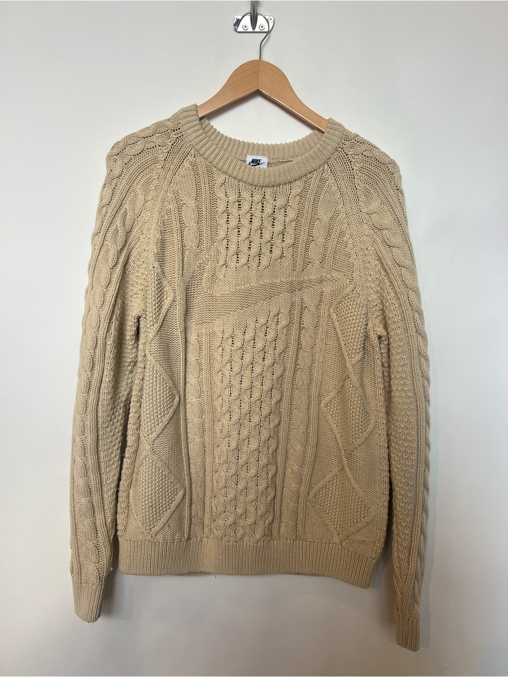 Nike Cable Knit Swoosh Sweater Wool Blend Fisherman Aran Logo Knit Mens Small